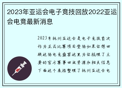 2023年亚运会电子竞技回放2022亚运会电竞最新消息